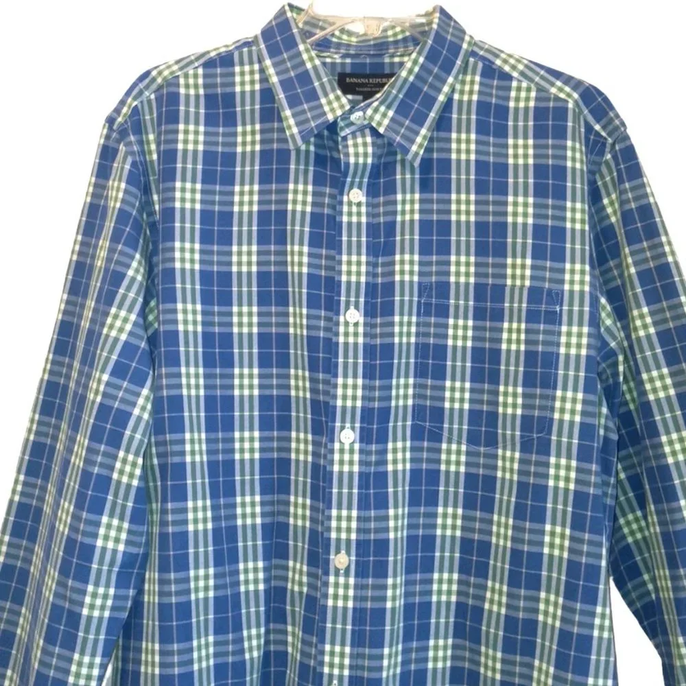 Banana Republic Men's Plaid Shirt Long Sleeve Button Up Sz L Pocket Green/Blue
